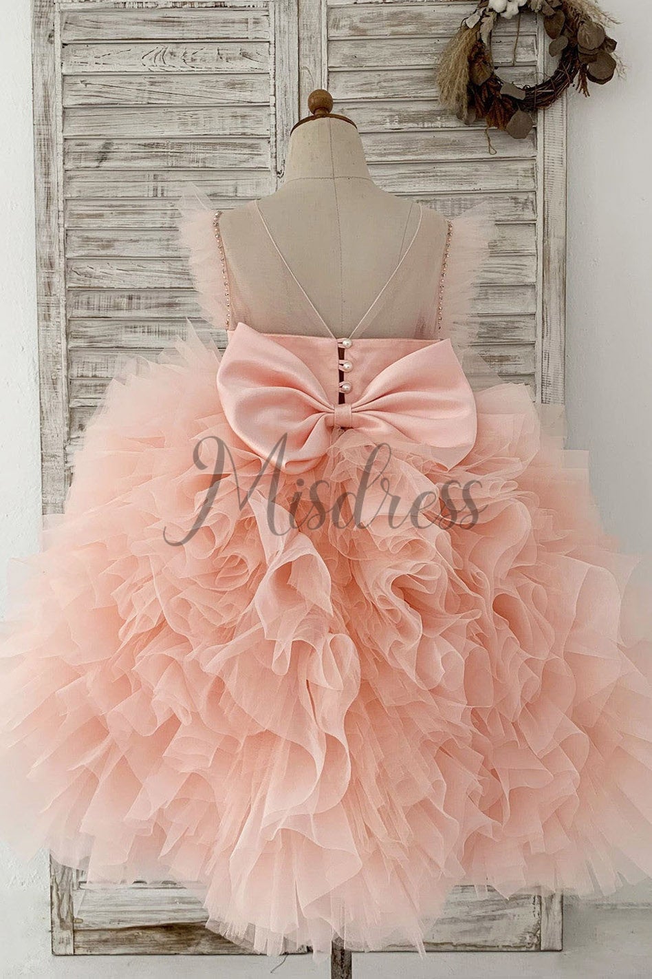 Fluffy Sleeves Beaded Pink Tulle Organza Wedding Flower Girl Dress Kids Party Dress