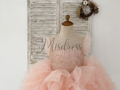 Fluffy Sleeves Beaded Pink Tulle Organza Wedding Flower Girl Dress Kids Party Dress