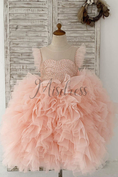 Fluffy Sleeves Beaded Pink Tulle Organza Wedding Flower Girl Dress Kids Party Dress