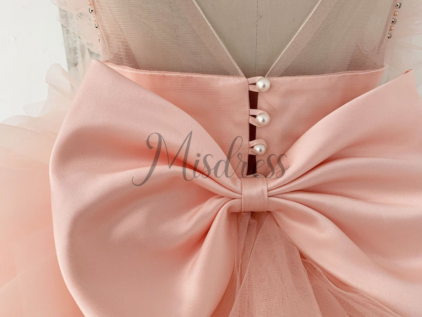 Fluffy Sleeves Beaded Pink Tulle Organza Wedding Flower Girl Dress Kids Party Dress
