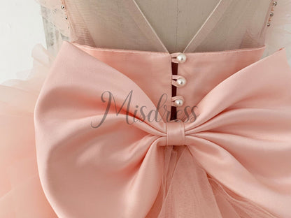 Fluffy Sleeves Beaded Pink Tulle Organza Wedding Flower Girl Dress Kids Party Dress