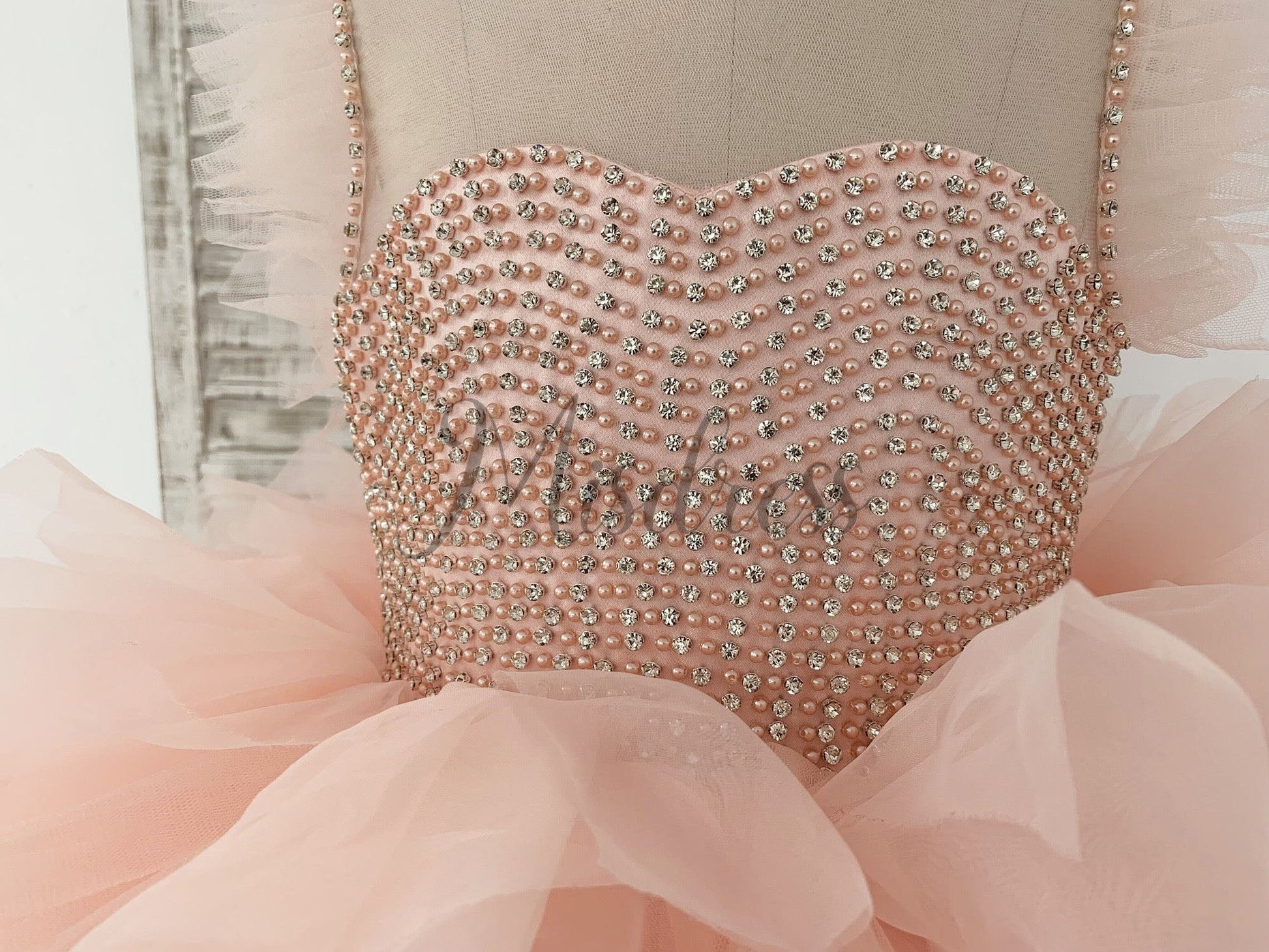 Fluffy Sleeves Beaded Pink Tulle Organza Wedding Flower Girl Dress Kids Party Dress