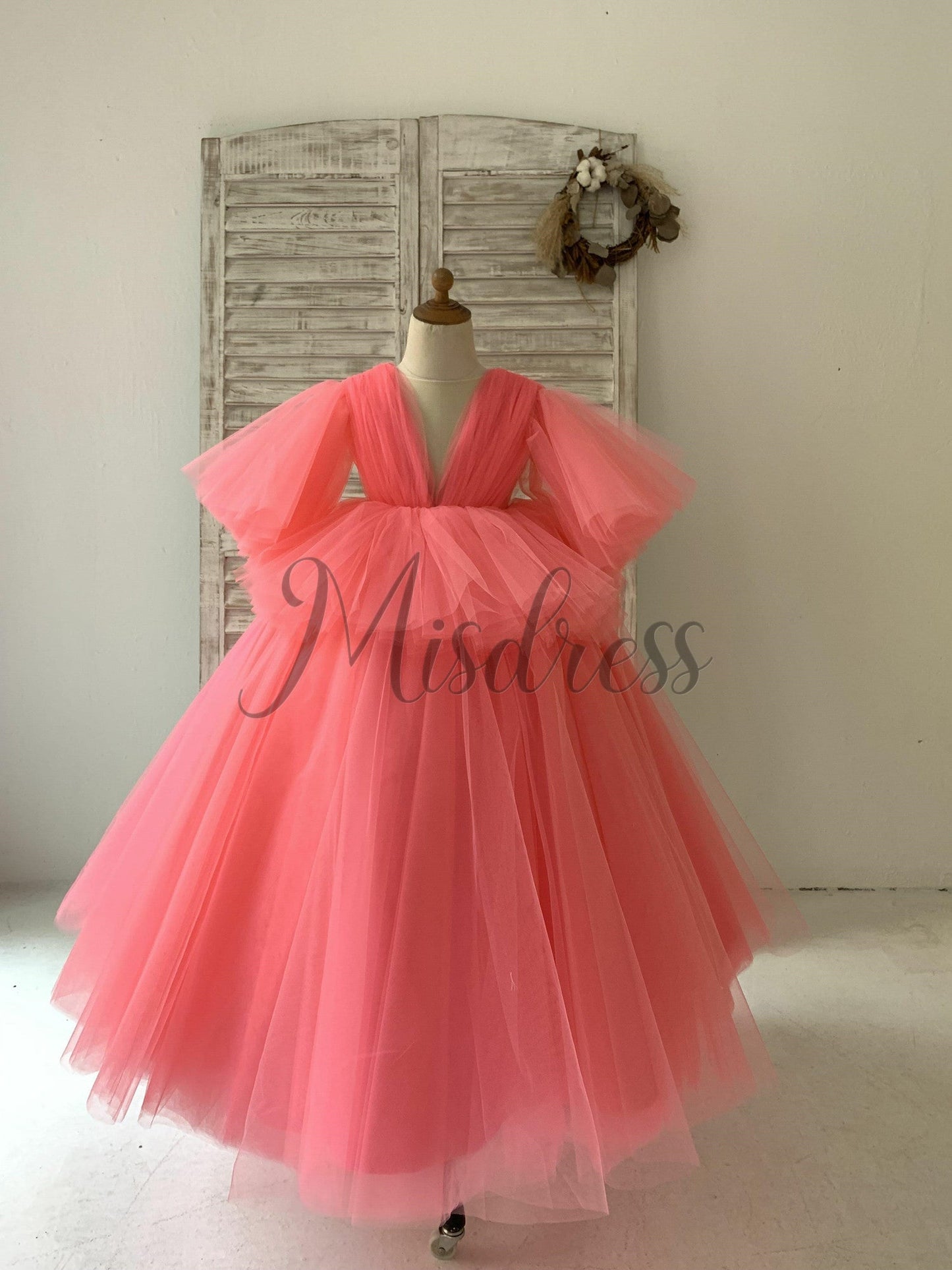 Fluffy Sleeves V Neck Coral Yellow Tulle Wedding Flower Girl Dress Kids Princess Party Dress - 2T / Coral