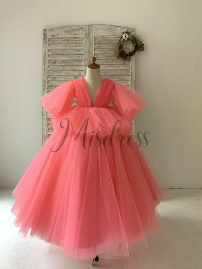 Fluffy Sleeves V Neck Coral Yellow Tulle Wedding Flower Girl Dress Kids Princess Party Dress - 2T / Coral