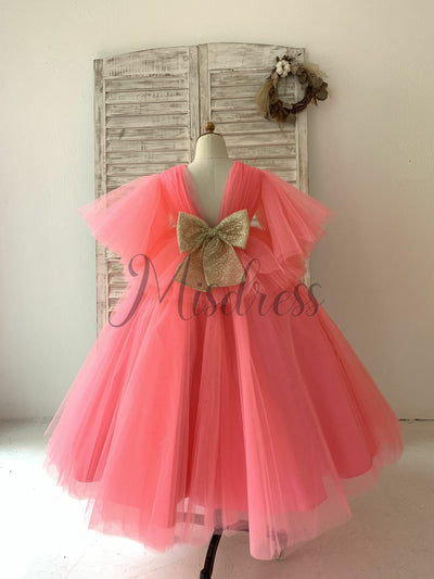 Fluffy Sleeves V Neck Coral Yellow Tulle Wedding Flower Girl Dress Kids Princess Party Dress