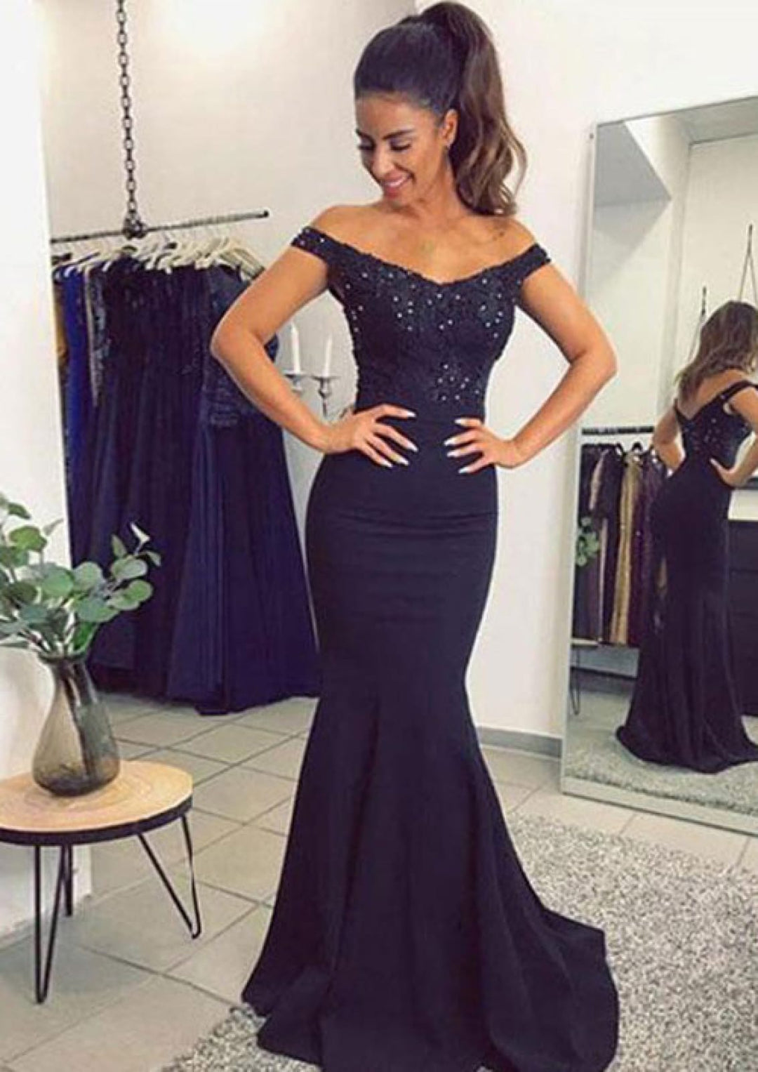 Formal Mermaid Navy Satin Off Shoulder Fishtail Evening Gown Prom