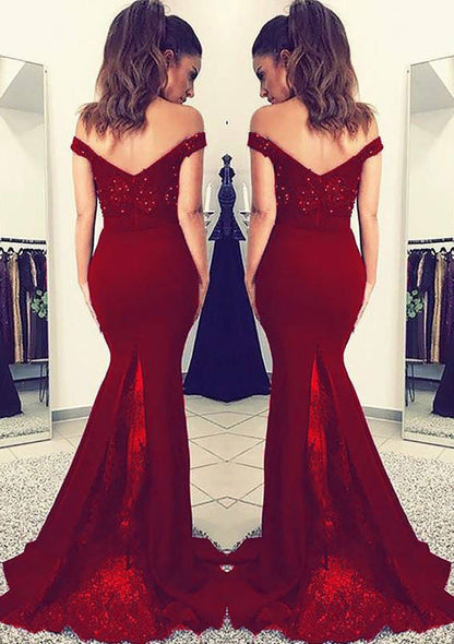 Formal Mermaid Navy Satin Off Shoulder Fishtail Evening Gown