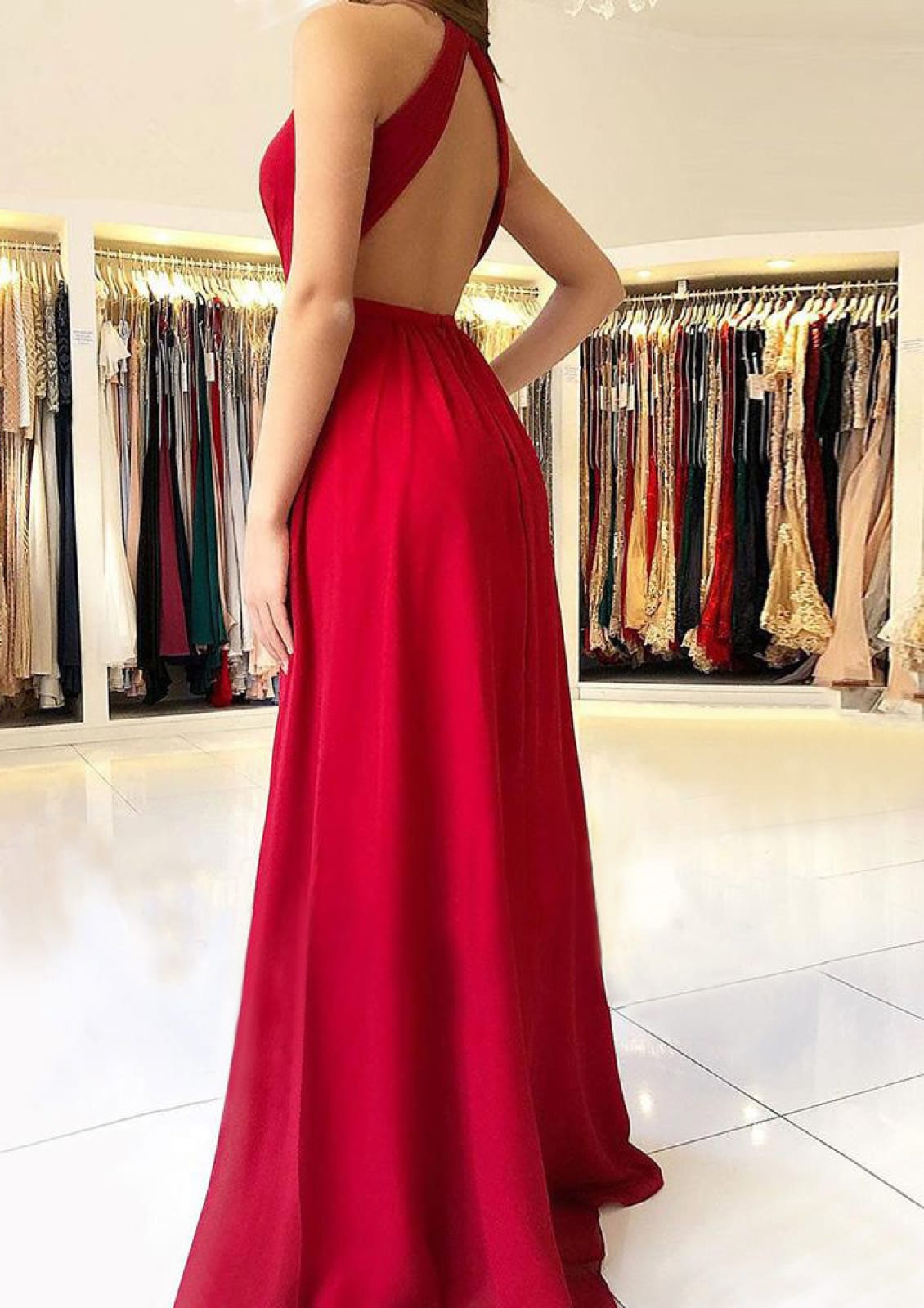 Formal Plunging Sleeveless Open Back Floor-length A-line 