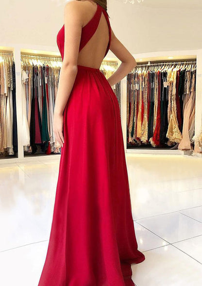 Formal Plunging Sleeveless Open Back Floor-length A-line 