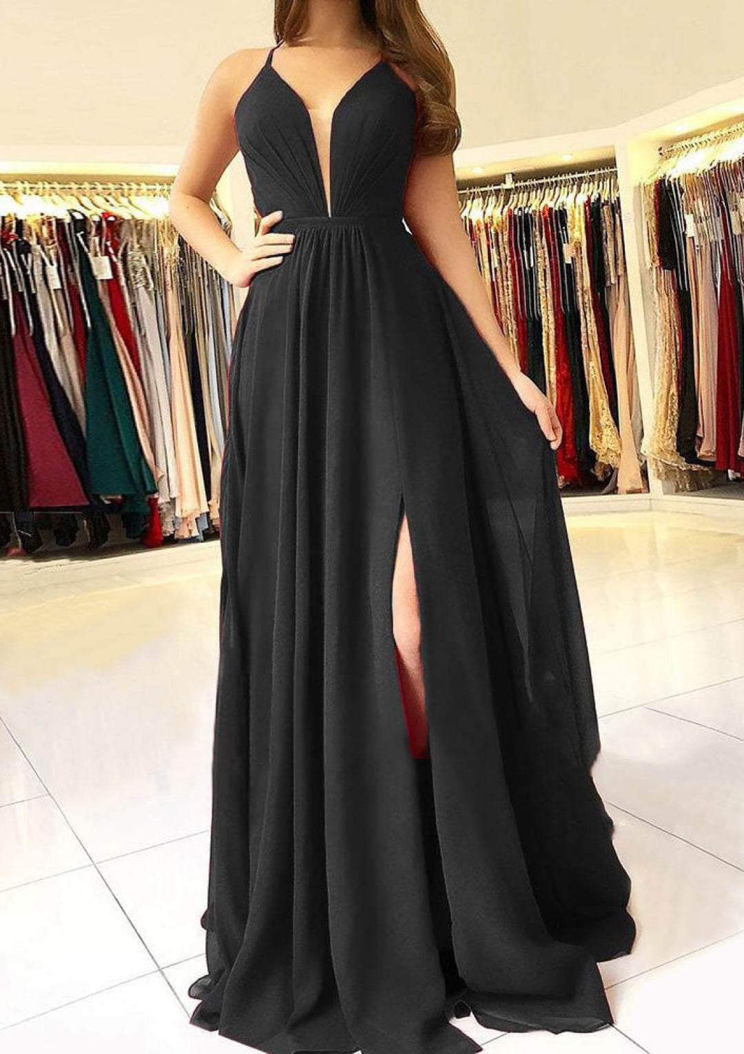 Formal Plunging Sleeveless Open Back Floor-Length A-Line Split Chiffon Prom Dress