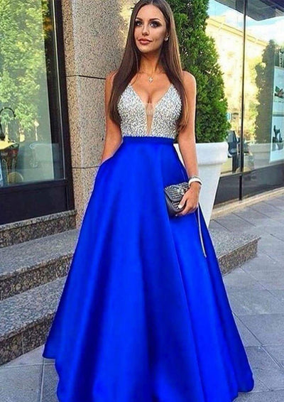 Formal Princess Plunging Sleeveless Long Royal Blue Satin 