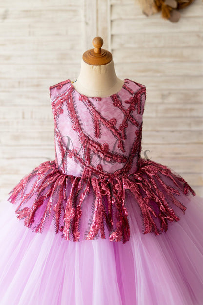 Fuchsia Sequin Tulle V Back Hi Low Wedding Flower Girl Dress Kids Party Dress