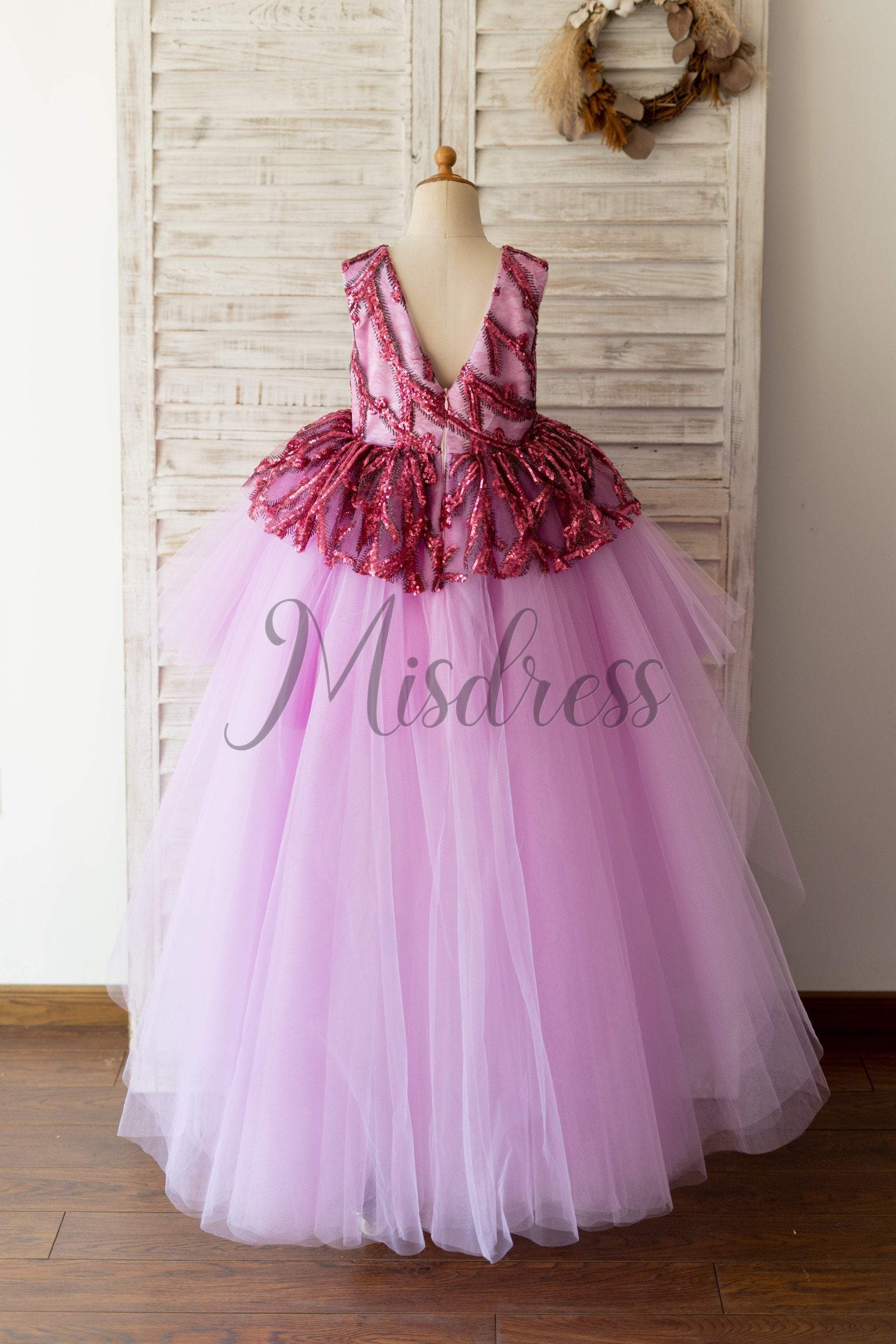 Fuchsia Sequin Tulle V Back Hi Low Wedding Flower Girl Dress Kids Party Dress