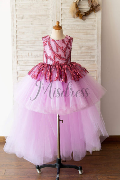 Fuchsia Sequin Tulle V Back Hi Low Wedding Flower Girl Dress Kids Party Dress