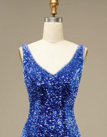 Glitter Blue Sequin Straps Backless Mini Prom Homecoming 