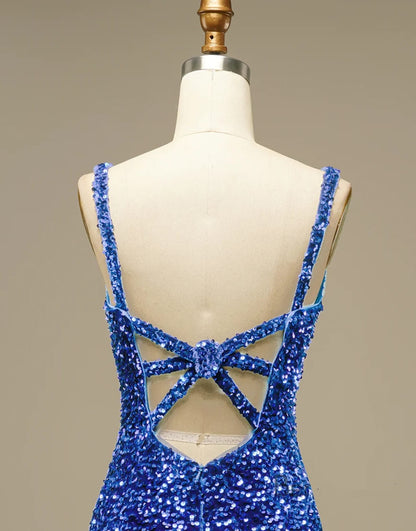 Glitter Blue Sequin Straps Backless Mini Prom Homecoming 