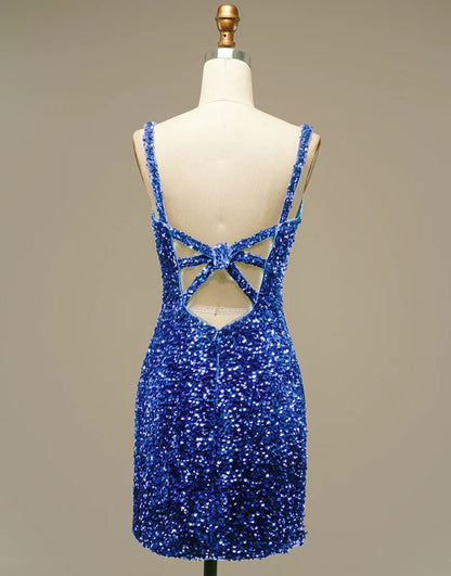 Glitter Blue Sequin Straps Backless Mini Prom Homecoming 