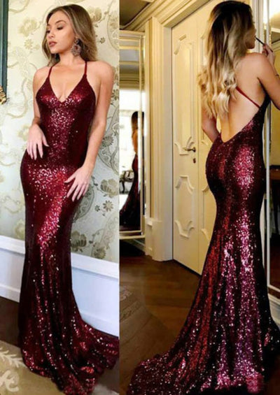 Glitter Burgundy Cross Straps Sweep Train Sequined Long Prom