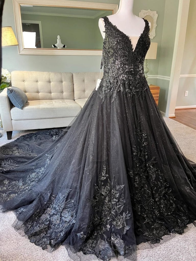 Glitter Embroidered Lace A-line Cathedral Gothic Black Wedding Dress |  Misdress