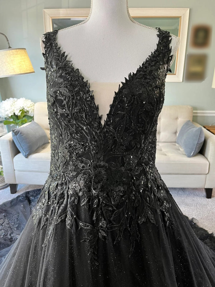 Glitter Embroidered Lace A-line Cathedral Gothic Black Wedding Dress