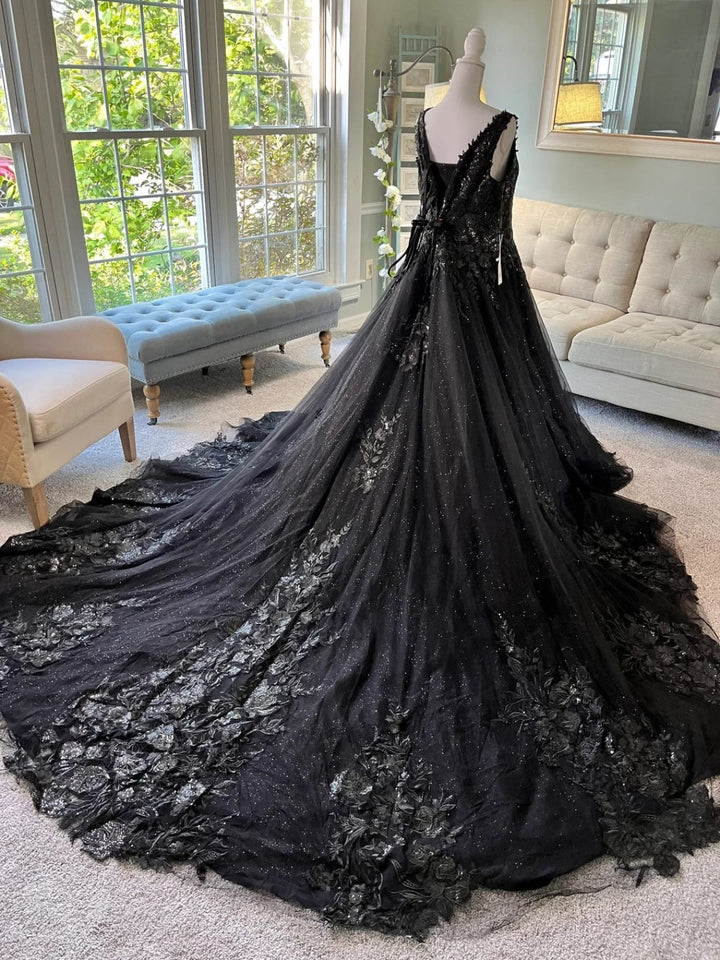 Glitter Embroidered Lace A-Line Cathedral Gothic Black Wedding Dress
