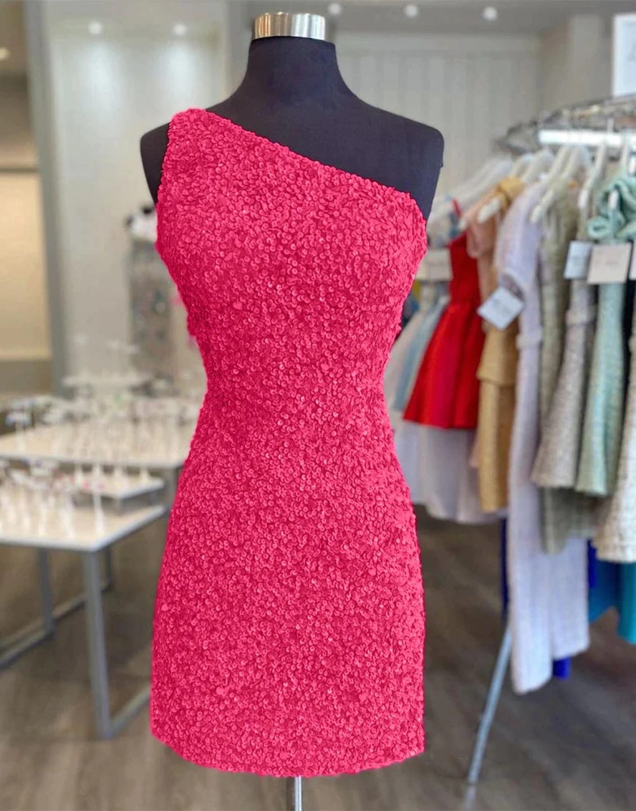 Glitter Hot Pink Sequin One Shoulder Homecoming Wedding 