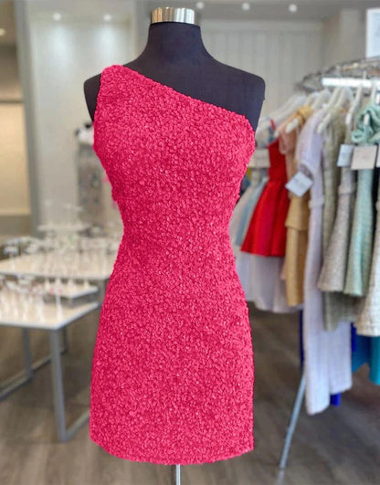 Glitter Hot Pink Sequin One Shoulder Homecoming Wedding 