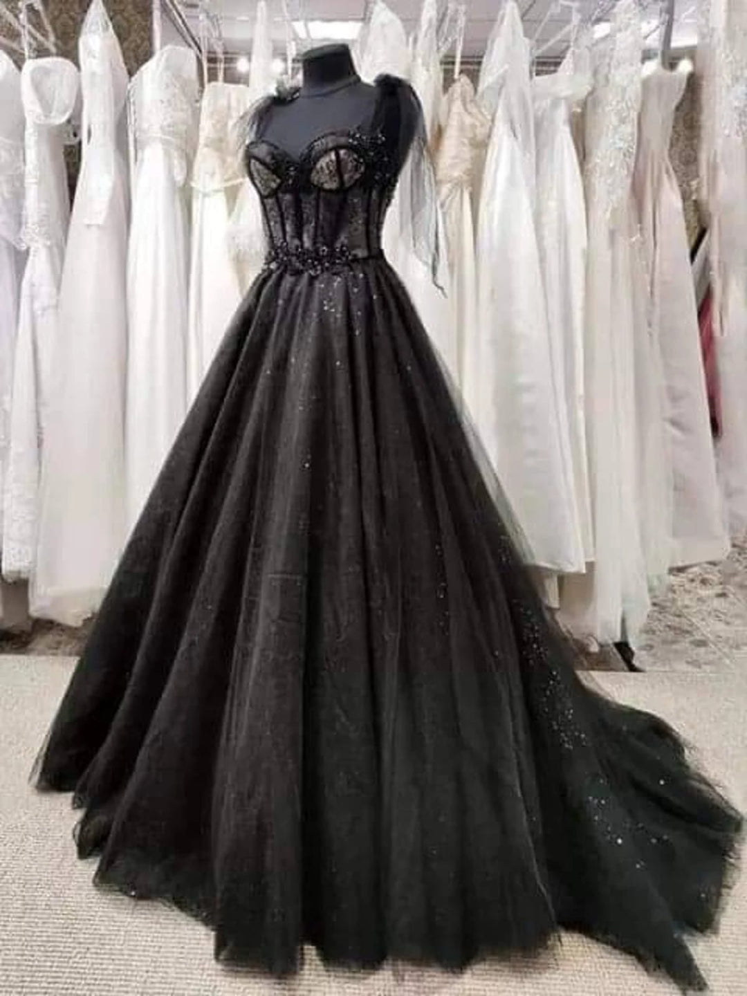 Glitter Lace Tulle Sweetheart Corset Court Black Wedding Dress | Misdress Glitter Lace Tulle Sweetheart Corset Court Black Wedding Dress | Misdress