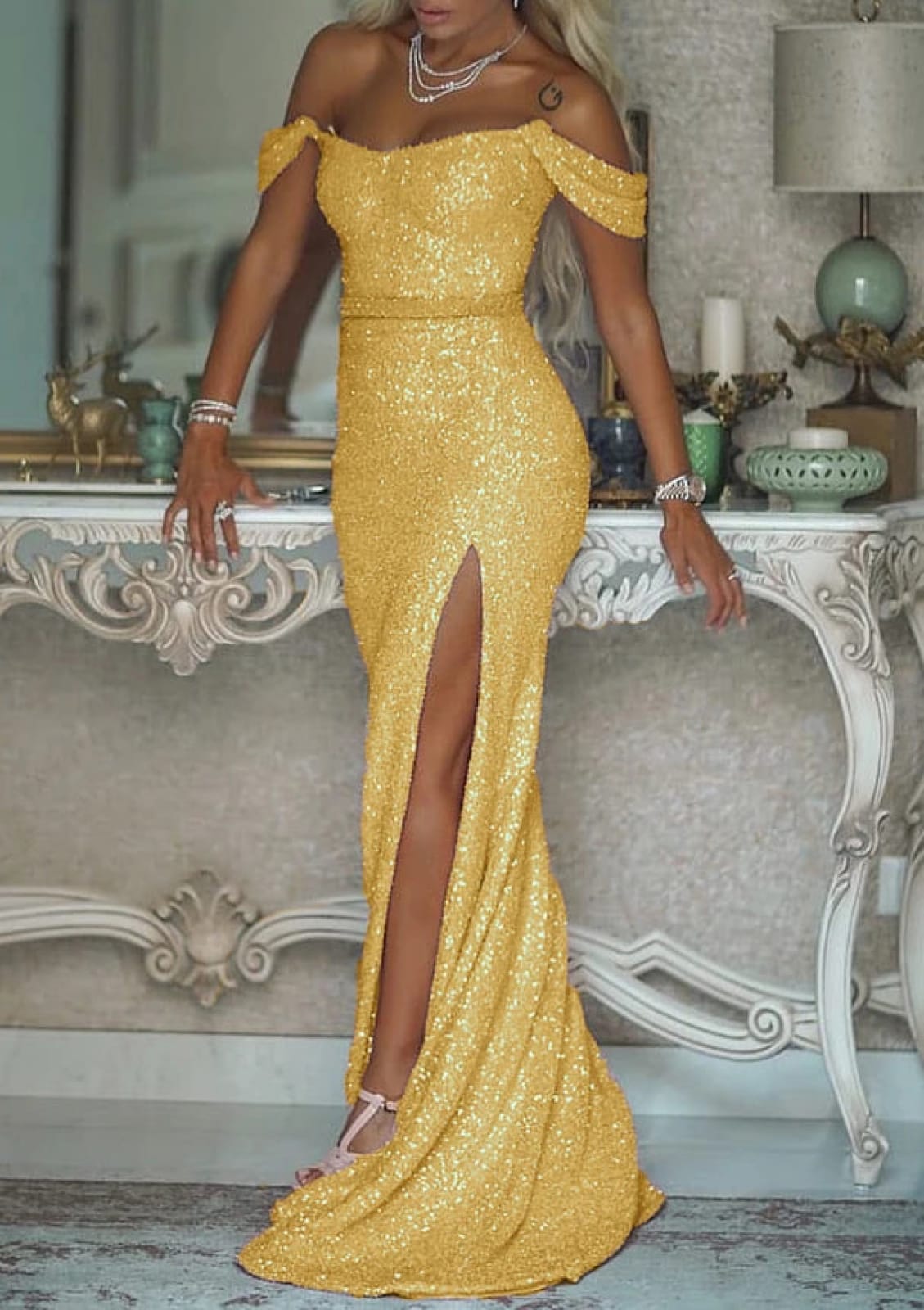 Glitter Off Shoulder Slit Mermaid Sweep Long Pink Sequin