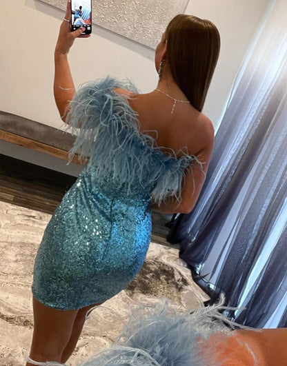 Glitter One Shoulder Blue Sequin Mini Homecoming Dress 