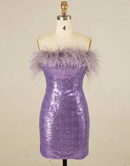 Glitter Strapless Lilac Sequin Mini Homecoming Dress Feather