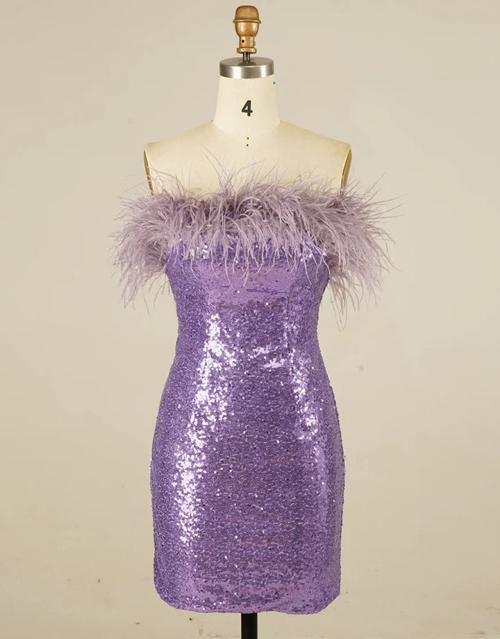Glitter Strapless Lilac Sequin Mini Homecoming Dress, Feather US 4 / Lilac