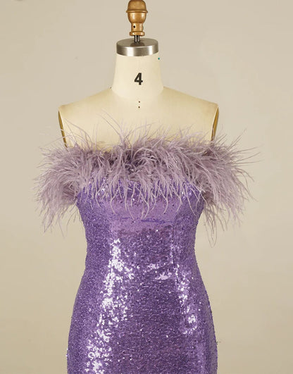 Glitter Strapless Lilac Sequin Mini Homecoming Dress Feather