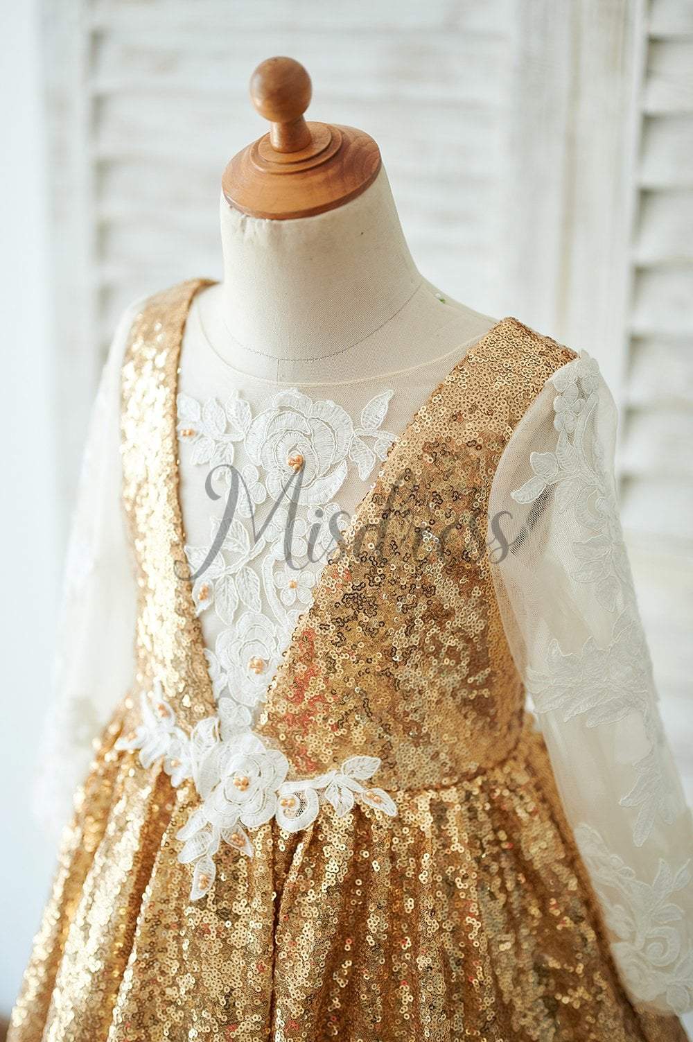 Hi Low Gold Sequin Ivory Lace Tulle Long Sleeves V Neck Wedding Flower Girl Dress - Flower Girl Dresses
