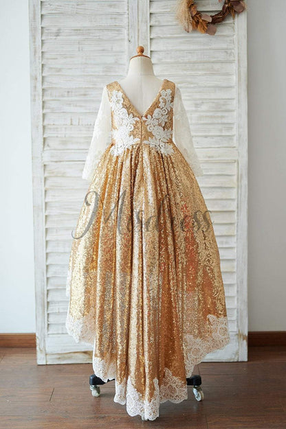 Hi Low Gold Sequin Ivory Lace Tulle Long Sleeves V Neck Wedding Flower Girl Dress - Flower Girl Dresses