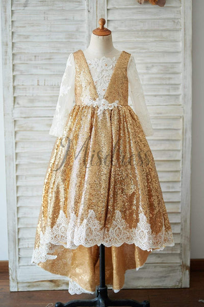 Hi Low Gold Sequin Ivory Lace Tulle Long Sleeves V Neck Wedding Flower Girl Dress - Flower Girl Dresses