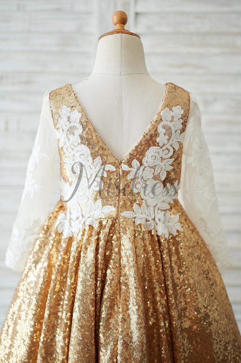 Hi Low Gold Sequin Ivory Lace Tulle Long Sleeves V Neck Wedding Flower Girl Dress - Flower Girl Dresses