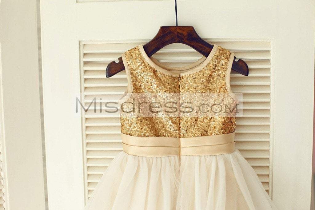 Gold Sequin Ivory Tulle Wedding Flower Girl Dress with Champagne belt - Flower Girl Dresses