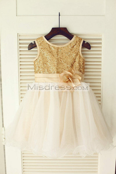 Gold Sequin Ivory Tulle Wedding Flower Girl Dress with Champagne belt - Flower Girl Dresses