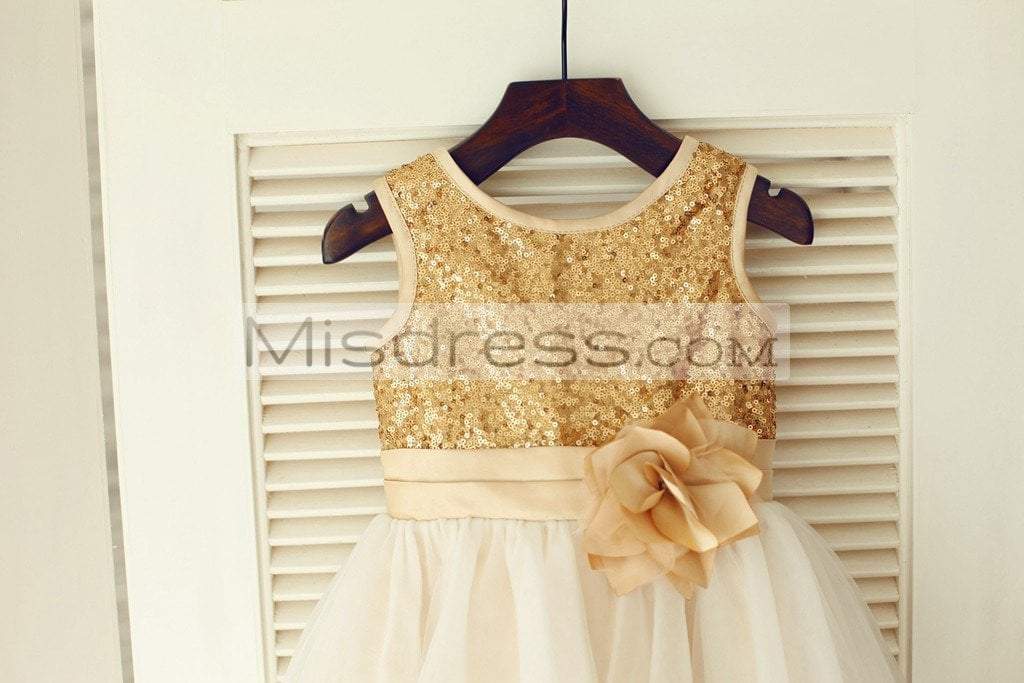 Gold Sequin Ivory Tulle Wedding Flower Girl Dress with Champagne belt - Flower Girl Dresses