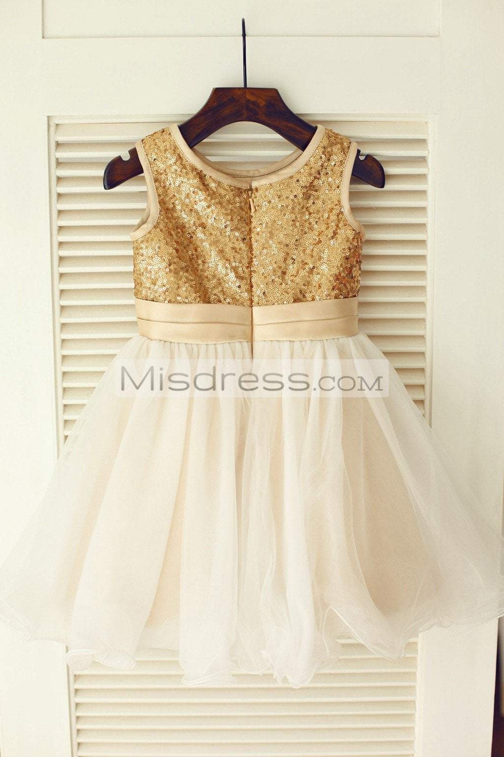 Gold Sequin Ivory Tulle Wedding Flower Girl Dress, Belt/Flower