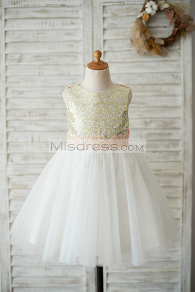 Gold Sequin Ivory Tulle V Back Wedding Flower Girl Dress With Pink Lace Belt - Flower Girl Dresses