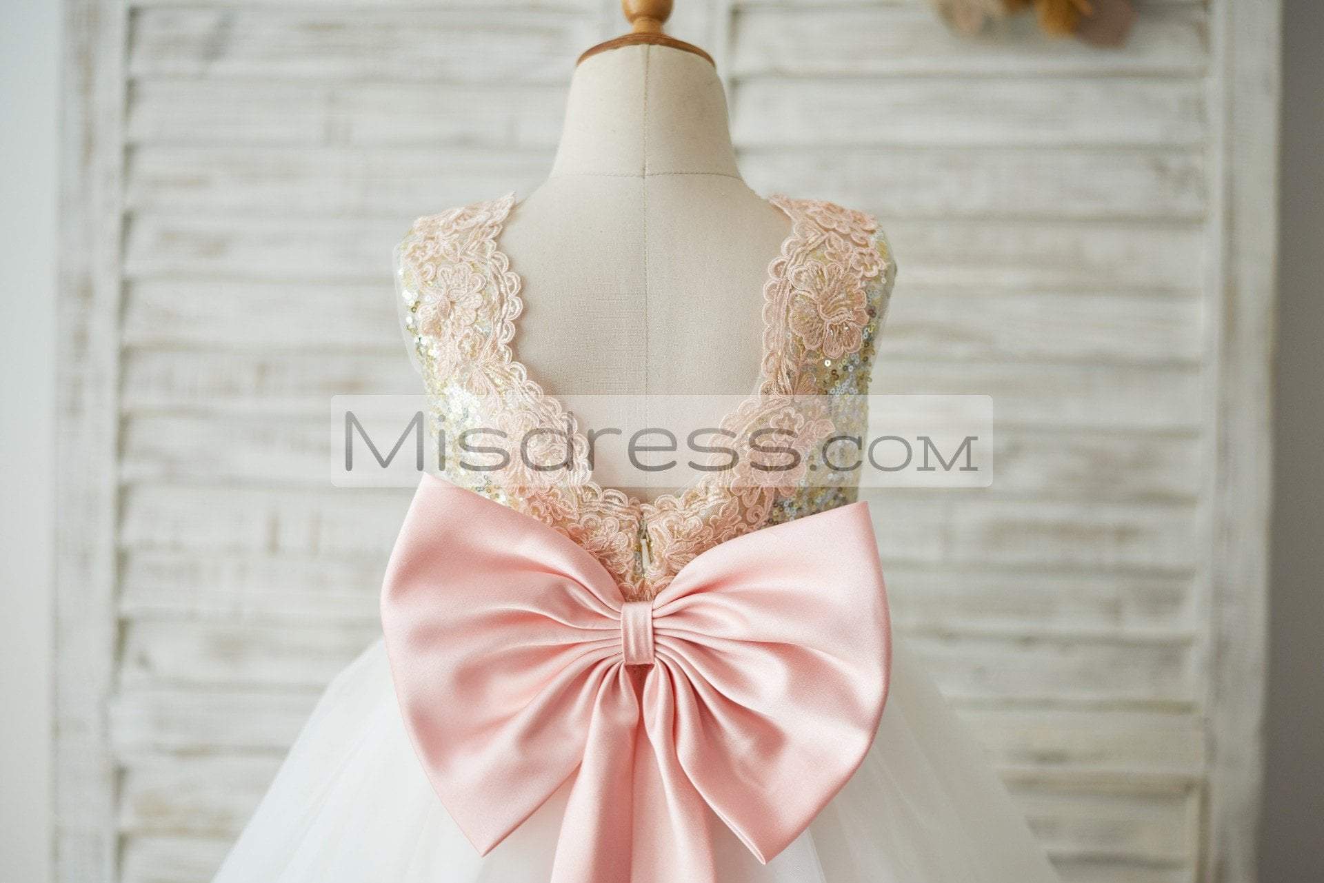 Gold Sequin Ivory Tulle V Back Wedding Flower Girl Dress With Pink Lace Belt - Flower Girl Dresses