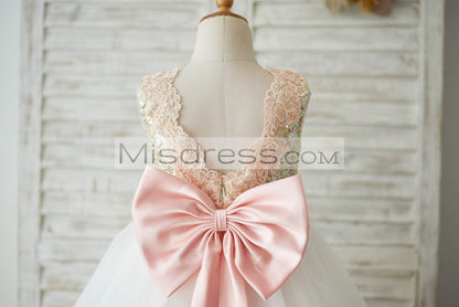 Gold Sequin Ivory Tulle V Back Wedding Flower Girl Dress With Pink Lace Belt - Flower Girl Dresses