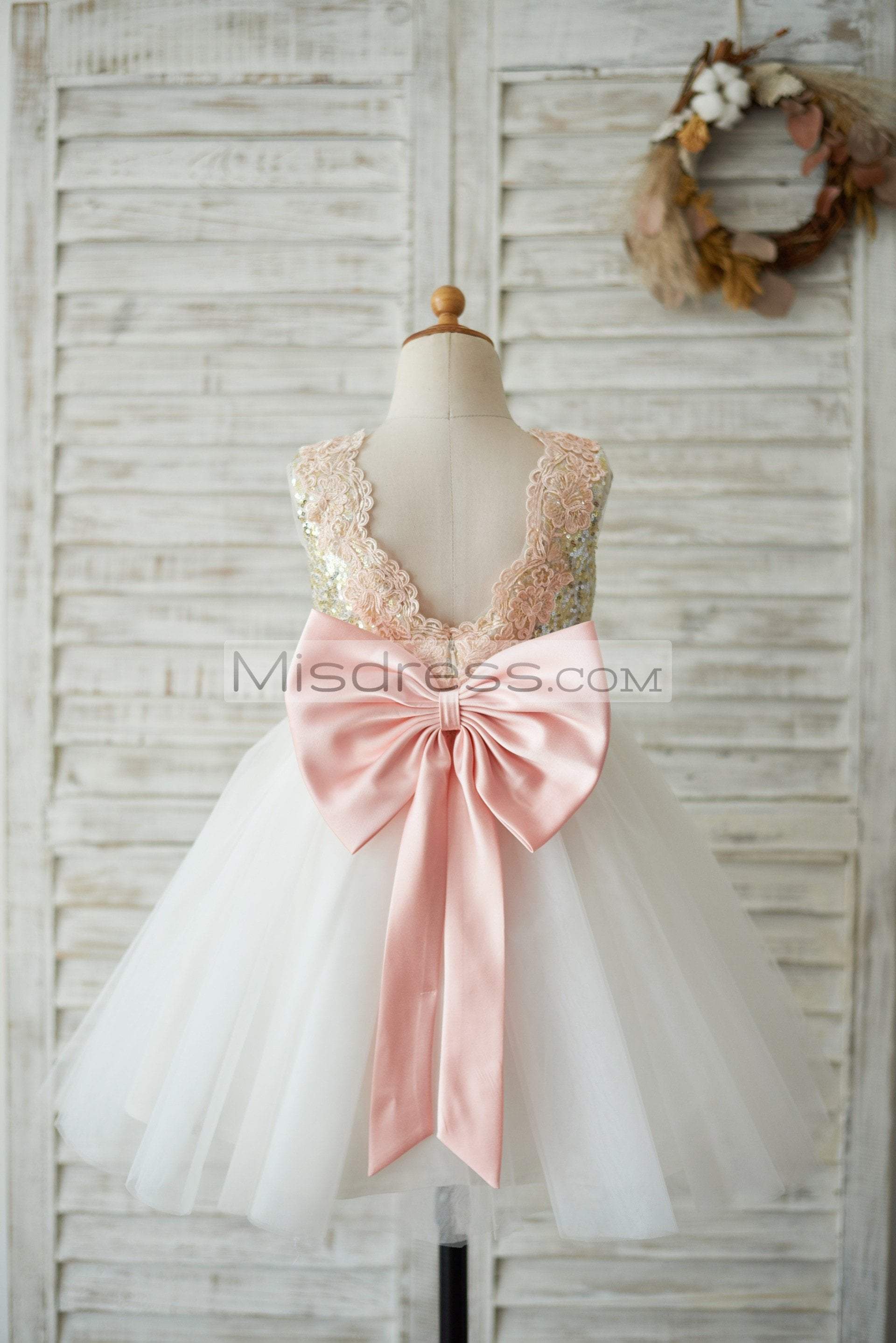 Gold Sequin Ivory Tulle V Back Wedding Flower Girl Dress With Pink Lace Belt - Flower Girl Dresses