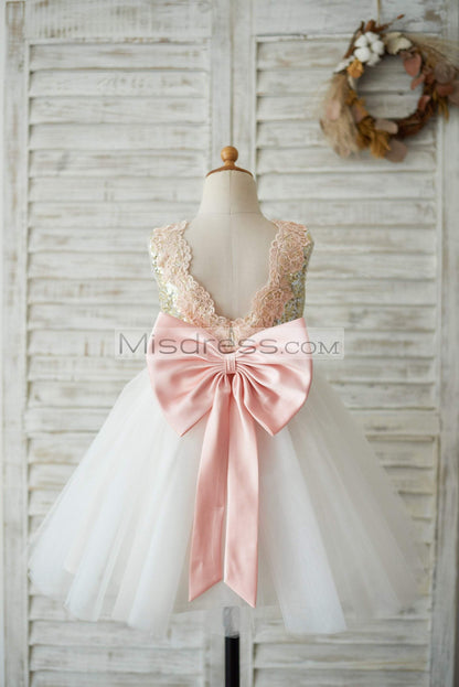 Gold Sequin Ivory Tulle V Back Wedding Flower Girl Dress With Pink Lace Belt - Flower Girl Dresses