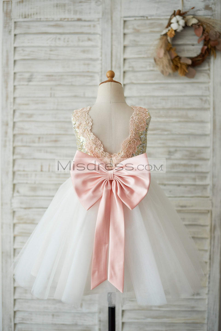 Gold Sequin Ivory Tulle V Back Wedding Flower Girl Dress, Pink