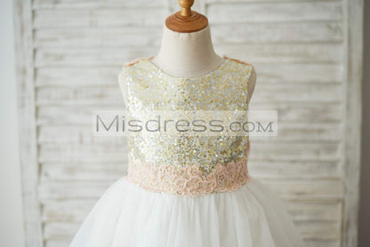 Gold Sequin Ivory Tulle V Back Wedding Flower Girl Dress With Pink Lace Belt - Flower Girl Dresses