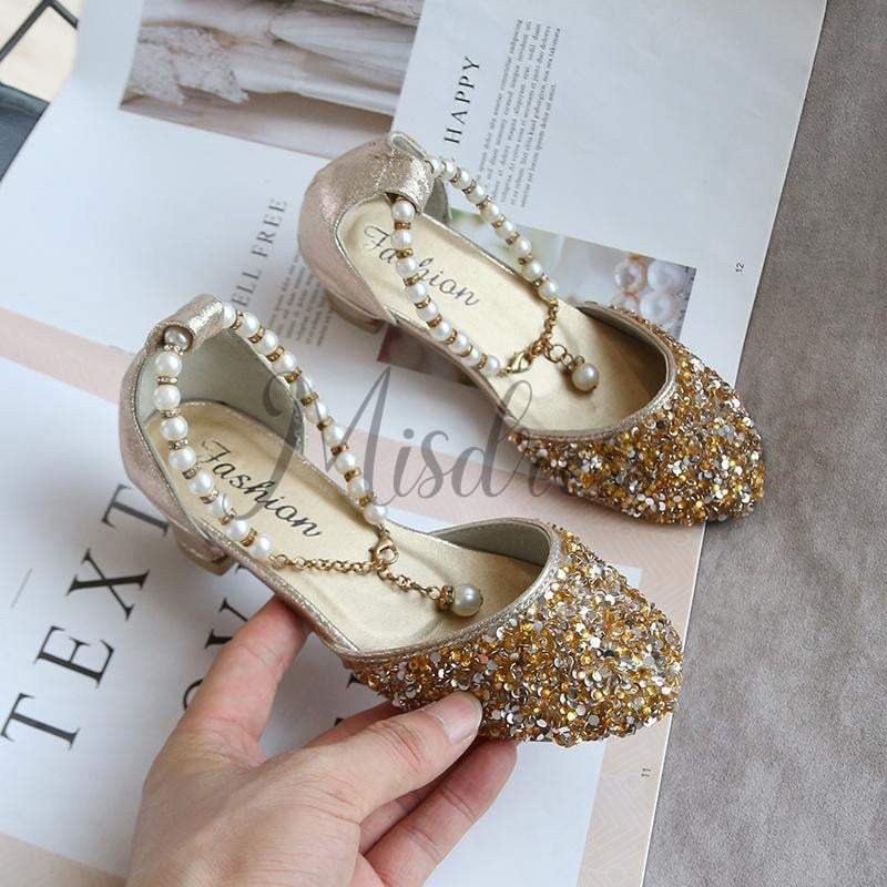 Gold/Silver Sequin Pearls Wedding Flower Girl Shoes Princess Shoes - EU Size 26 / Gold