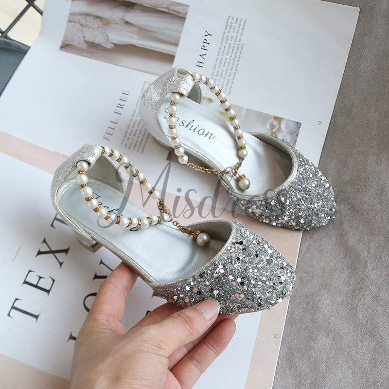Gold/Silver Sequin Pearls Wedding Flower Girl Shoes Princess Shoes - EU Size 26 / Silver